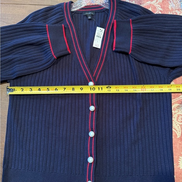 NWT Talbots Navy V-Neck Cardigan w Red Trim and Faux Pearl Accents SZ L - Picture 11 of 13